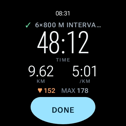 Run summary: 6×800 m intervals done, 48:12, 9.62 km, 5:01 per km, average heart rate 152, max 178