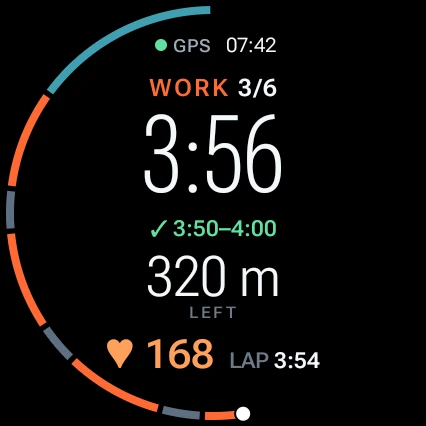 Rennur run screen on the watch: work interval 3 of 6, pace 3:56 inside the 3:50–4:00 target, 320 m left, heart rate 168